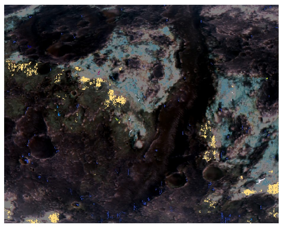 CRISM mineral-detection overlay on a Mars surface tile
